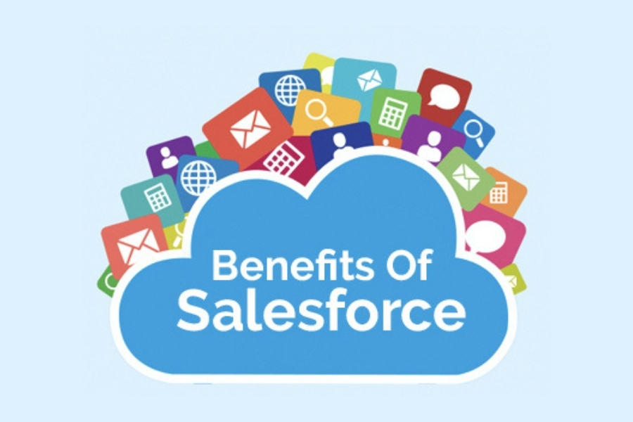 salesforce cloud icon with apps on top and the words 'Benefits of Salesforce'