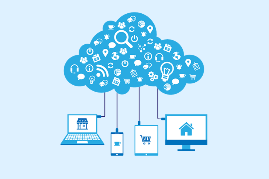 icons of laptop, mobile, tablet and PC connected to the cloud