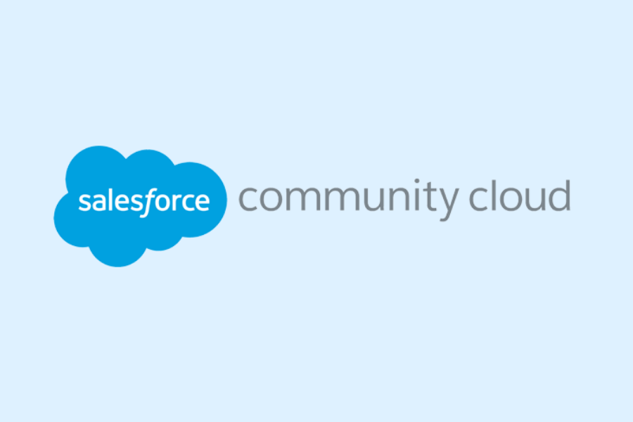 Salesforce logo on blue background with the word 'community cloud'