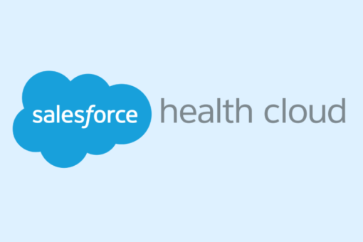 Salesforce logo with words 'health cloud' next to it on blue background