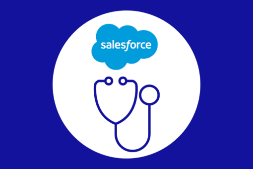 Salesforce logo with stethoscope icon on white circle with blue background