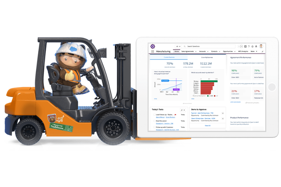 Salesforce character driving a forklift truck lifting a screenshot of Salesforce Manufacturing Cloud