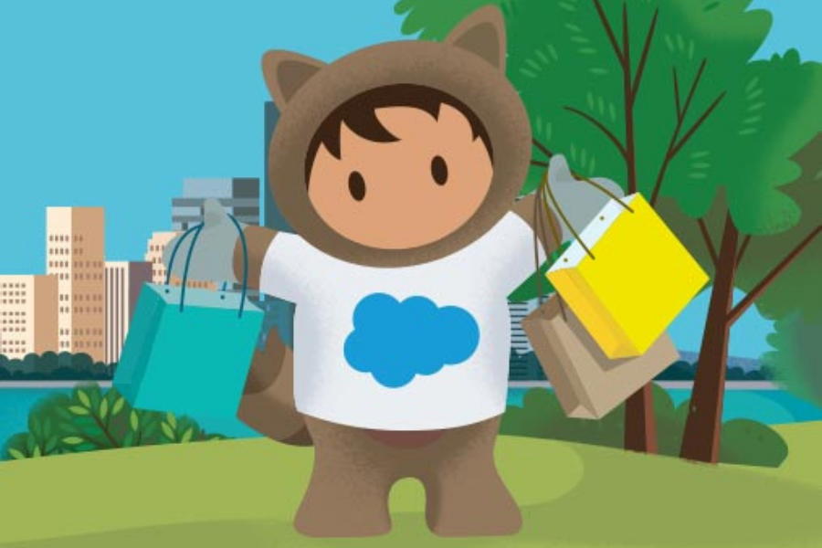 salesforce cartoon character carrying shopping bags
